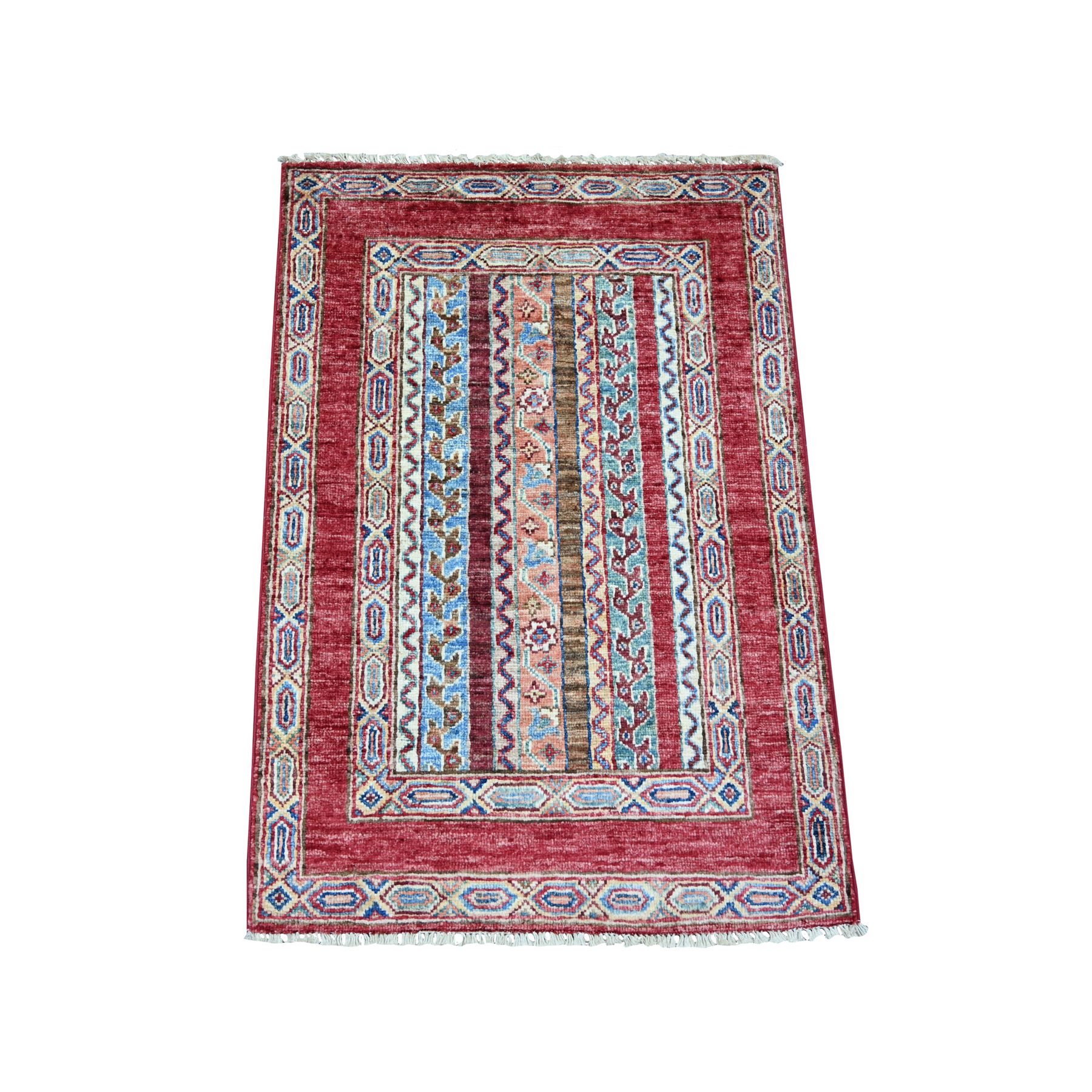 Savvy Red, Afghan Super Kazak with Shawl Design, Soft and Shiny Wool, Hand Knotted, Vegetable Dyes, Sample, Mat, Oriental Rug